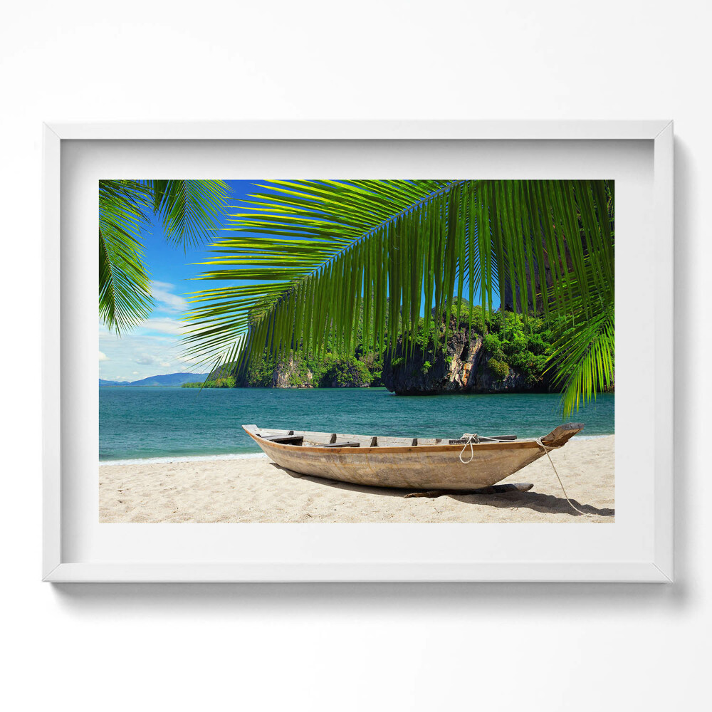 Tablou living cu rama excepţional O barcă pe plajă sub un palmier