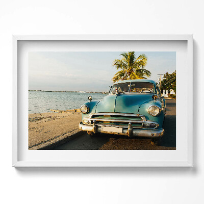 Tablou rama excepţional Mașină albastră lângă mare