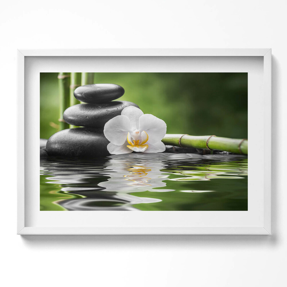 Tablou living cu rama excepţional Zen - pietre de bambus și flori pe apă
