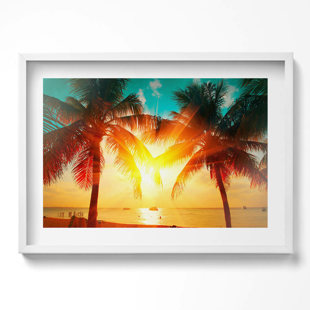 Tablou rama excepţional Vedere de vacanță - palmieri la apus