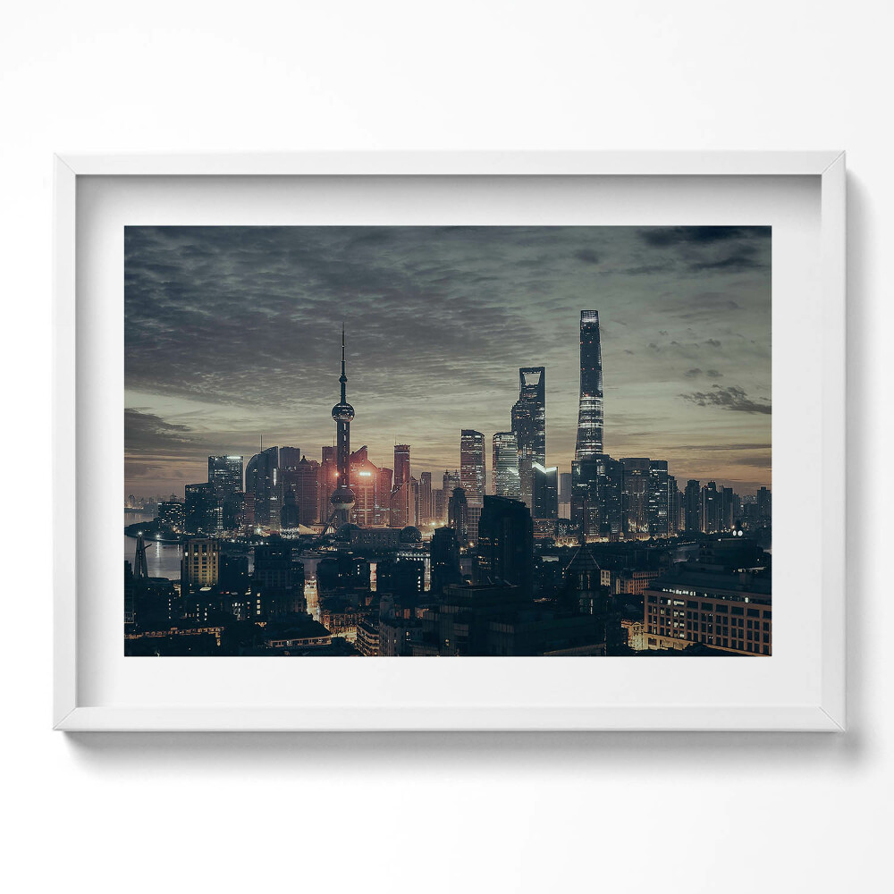 Tablou living cu rama excepţional Panoramă a orașului Shanghai noaptea