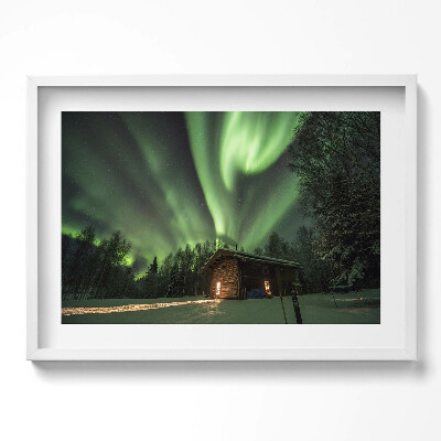 Tablou rama excepţional Aurora boreală și o căsuță în pădure