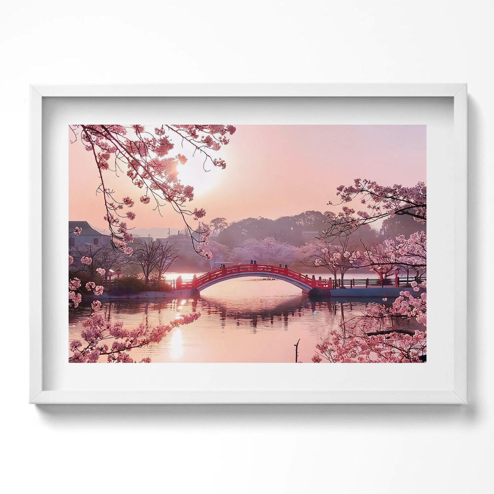 Tablou living cu rama excepţional Flori de cireș și pod - stil japonez