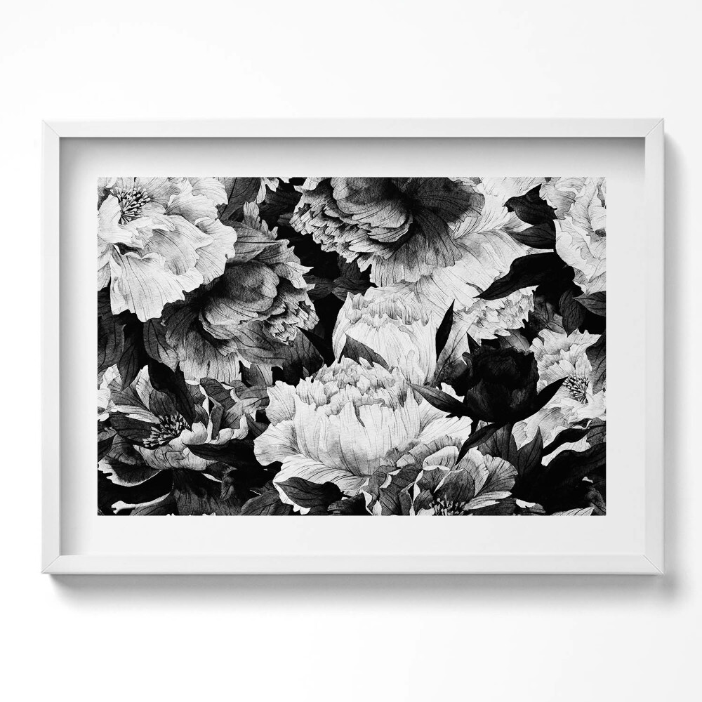 Tablou living cu rama excepţional Bujori cu flori albe și negre