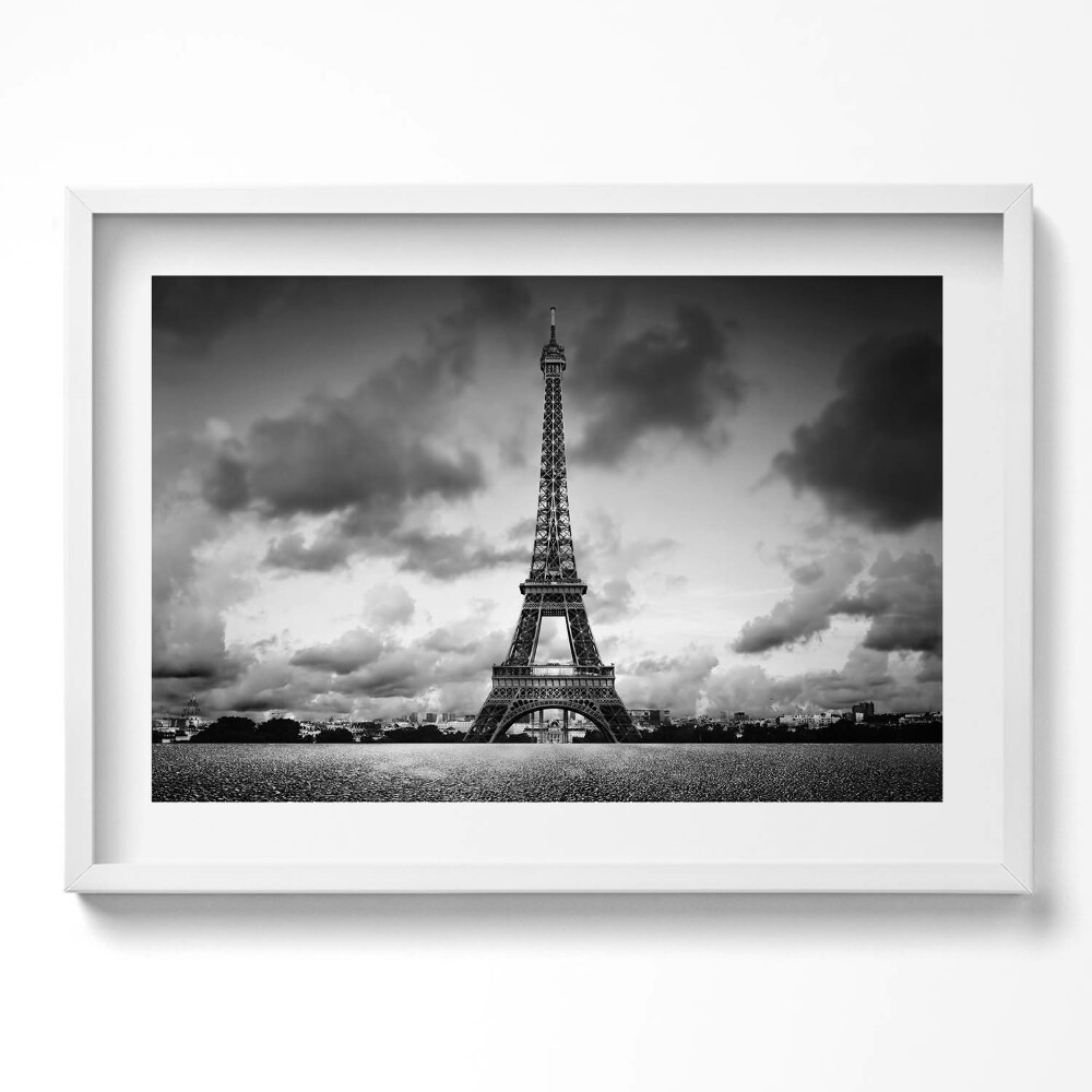 Tablou living cu rama excepţional Peisaj alb-negru al Franței cu Turnul Eiffel