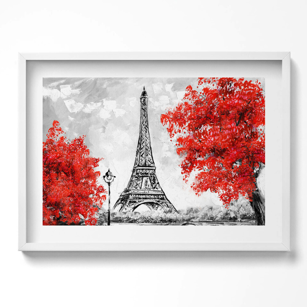 Tablou rama excepţional Pictura Turnului Eiffel și a copacilor roșii