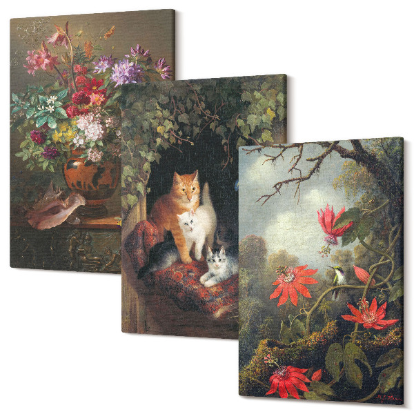 Set tablouri canvas triptic Flori de epocă, pisici și plante în natură