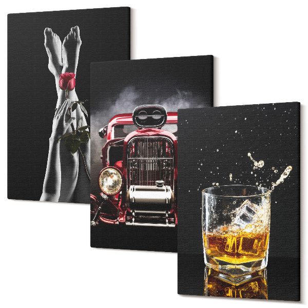 Tablou 3 piese Picioare de femeie cu un trandafir, o mașină veche, un pahar de whisky
