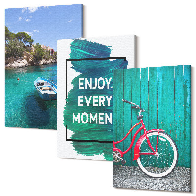 Tablou canvas set triptic Vedere la mare cu inscripție inspirațională pentru bicicletă cu barca