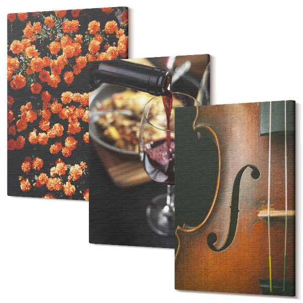 Tablou canvas set triptic Flori romantice de epocă, vin și vioară