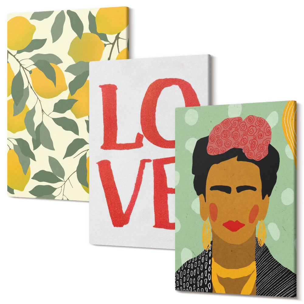 Tablou 3 piese Lămâi cu inscripția LOVE pictat portretul Fridei Kahlo