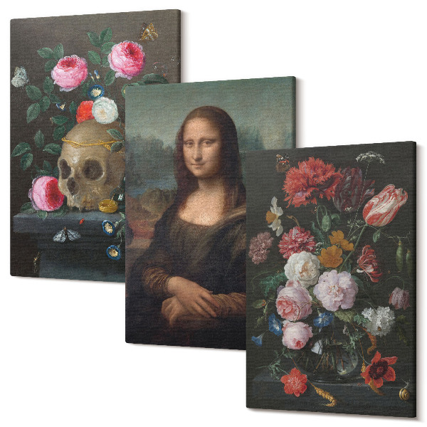 Set tablouri canvas triptic Portret cu craniu cu flori de epocă și Mona Lisa de Leonardo da Vinci