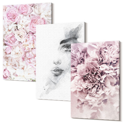 Tablou 3 piese Bujori delicati portret alb-negru al unei femei
