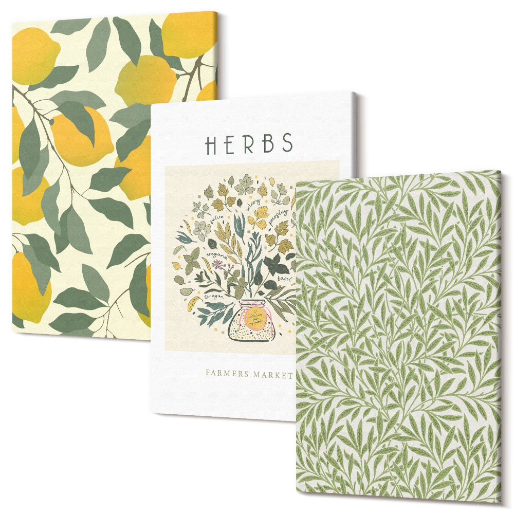 Tablou canvas set triptic Motive de lămâie cu ierburi și frunze de plante