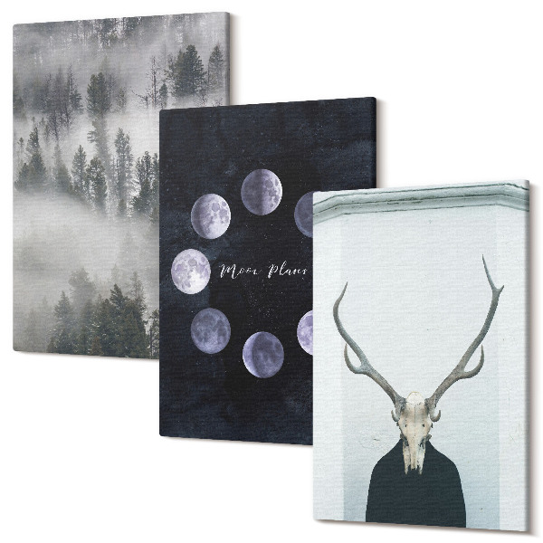 Set tablouri canvas triptic Peisaj de pădure în ceață fazele lunii craniu de cerb