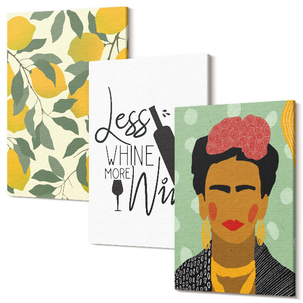 Tablou canvas set triptic Portretul sticlei de vin Lemons al Fridei Kahlo