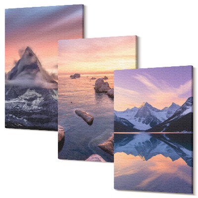 Tablou 3 piese Peisaje de munți, lacuri și apusuri