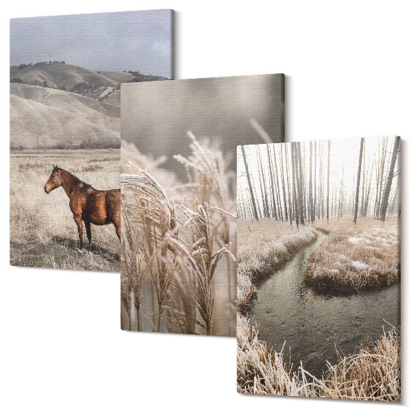 Tablou canvas set triptic Cai într-un peisaj de ierburi și un pârâu de iarnă