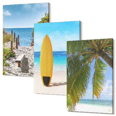 Set tablouri canvas triptic Vederi de vacanță la plajă, valuri și palmieri la tropice