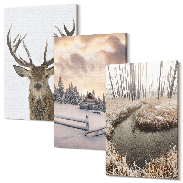 Tablou canvas set triptic Peisaj de iarnă cu o colibă ​​de căprioare și un pârâu