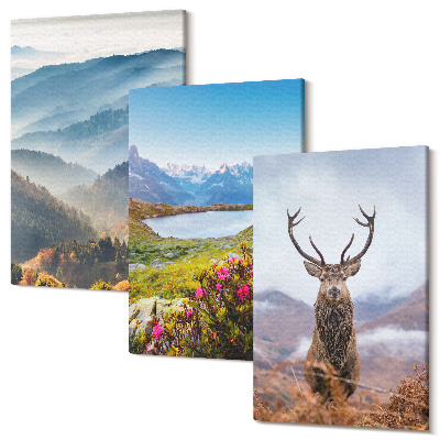 Set tablouri canvas triptic Peisaje montane cu un lac și căprioare în natură