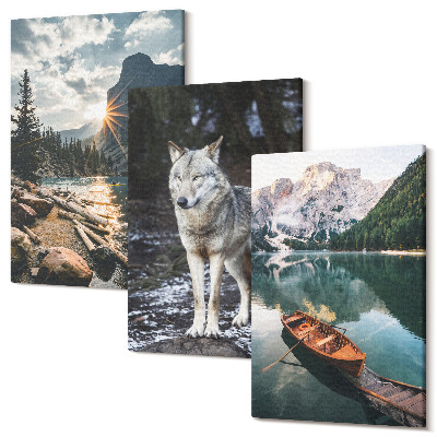 Set tablouri canvas triptic Munți, lacuri și un lup într-un cadru natural