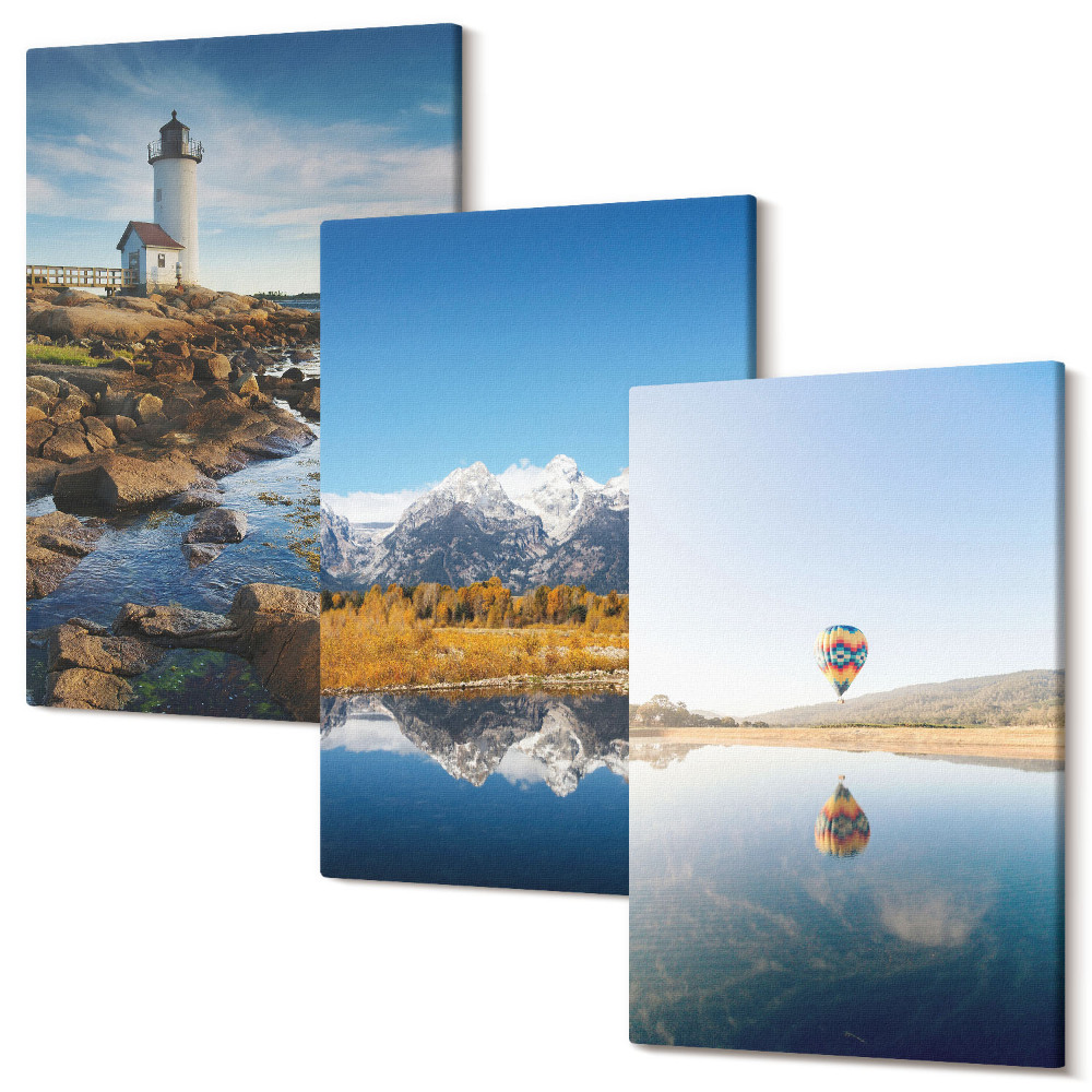 Tablou canvas set triptic Vederi asupra naturii cu un far, munți, lac și balon