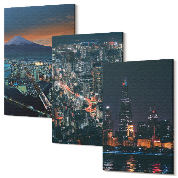 Set tablouri canvas triptic Vedere la munte a orașului noaptea cu zgârie-nori