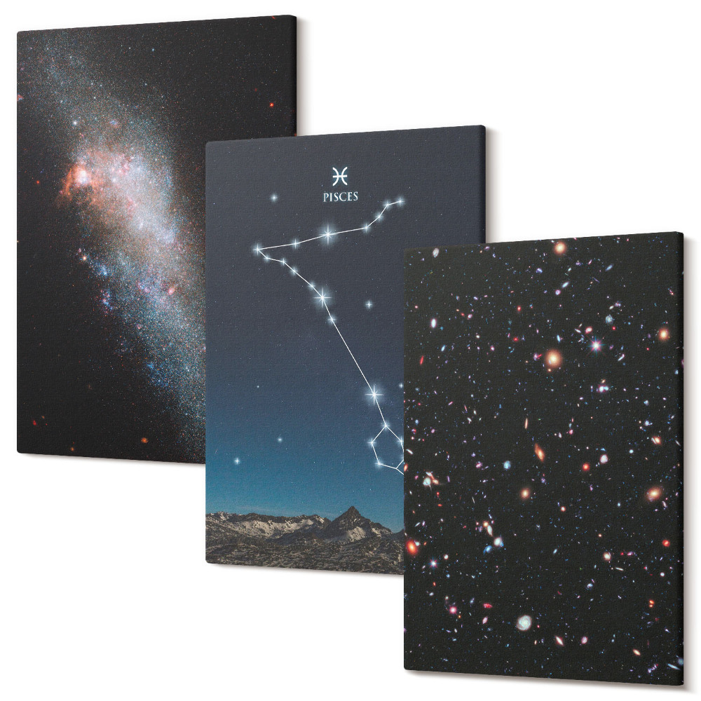 Tablou canvas set triptic Peisaje spațiale cu constelația Pești și galaxii