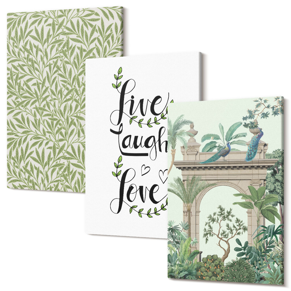 Set tablouri canvas triptic Frunze verzi, inscripții și plante exotice în arhitectură