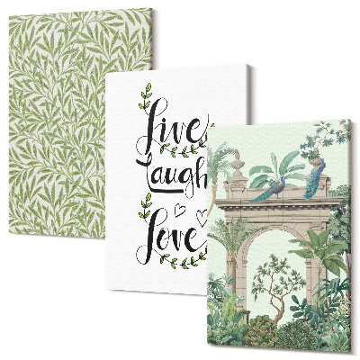 Set tablouri canvas triptic Frunze verzi, inscripții și plante exotice în arhitectură