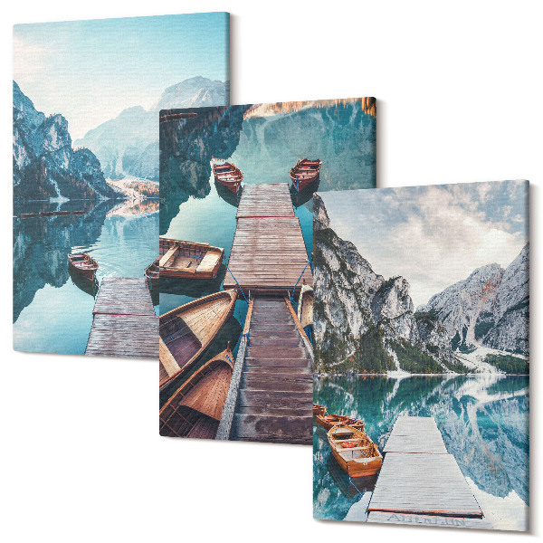 Tablou canvas set triptic Un lac liniștit cu cheiuri și bărci de lemn