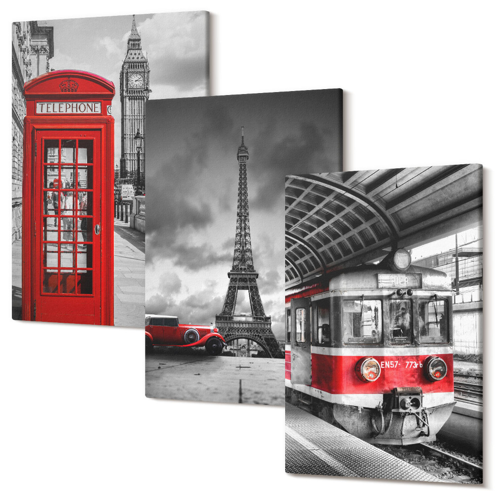 Tablou canvas set triptic Orașe emblematice Londra Paris și transportul feroviar