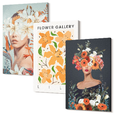 Set tablouri canvas triptic Portrete florale cu buchete și frunze colorate