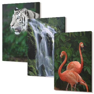 Tablou 3 piese Cascada de tigru și flamingo roz în natură