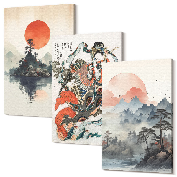 Tablou 3 piese Picturi de peisaj asiatic și portrete în stilul Japandi