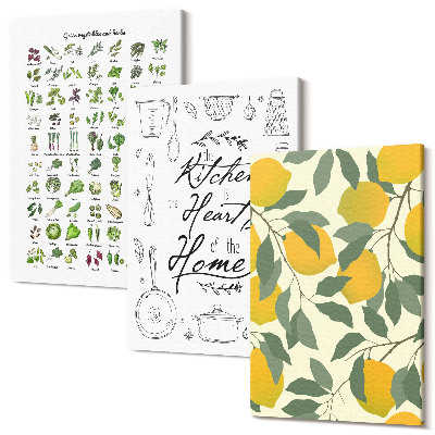 Tablou canvas set triptic Listă de ierburi, semn de bucătărie și lămâi pictate