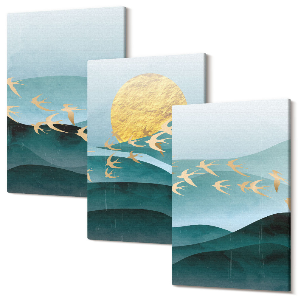 Tablou canvas set triptic Peisaje abstracte de valuri de soare și păsări zburătoare