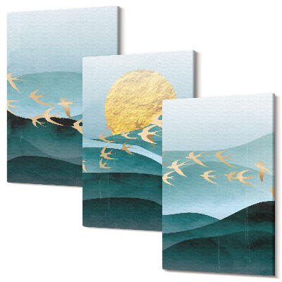 Tablou canvas set triptic Peisaje abstracte de valuri de soare și păsări zburătoare