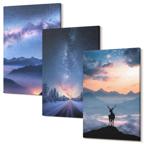 Tablou 3 piese Cer de noapte, munți, peisaje în ceață și căprioare