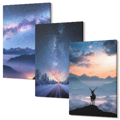 Tablou 3 piese Cer de noapte, munți, peisaje în ceață și căprioare