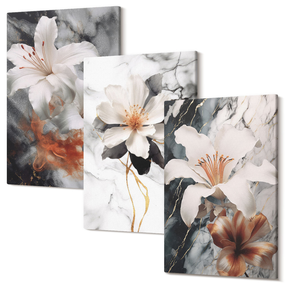 Set tablouri canvas triptic Flori pe fond de marmură în nuanțe de alb și negru
