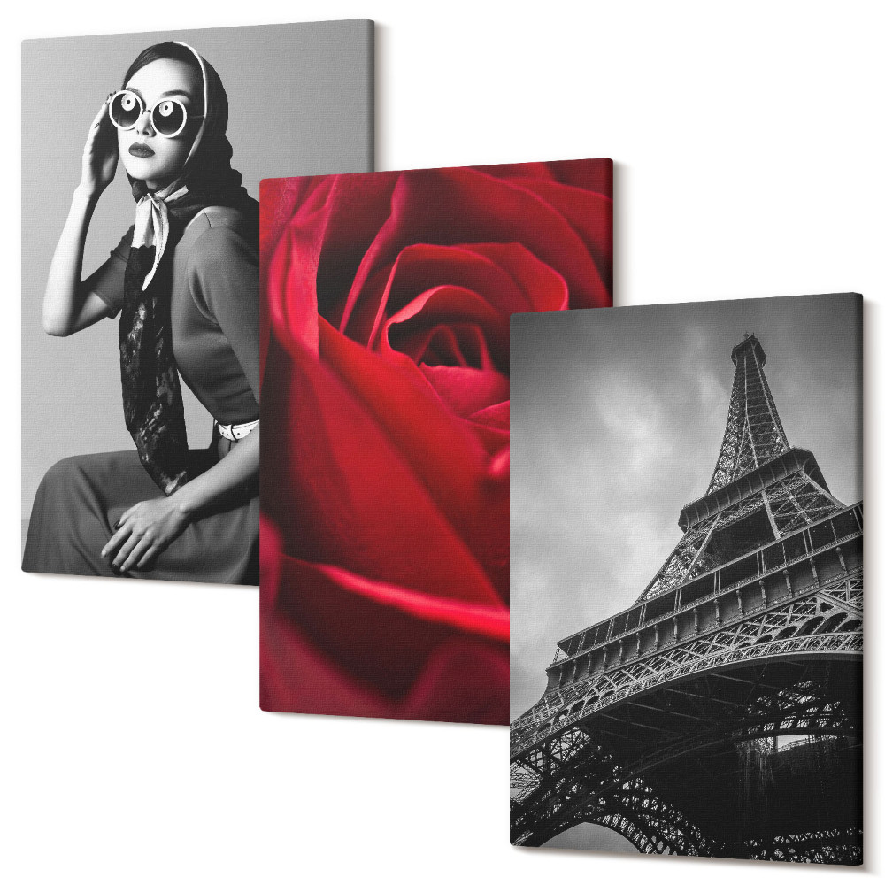 Tablou canvas set triptic Pariziancă cu ochelari de trandafir și Turnul Eiffel
