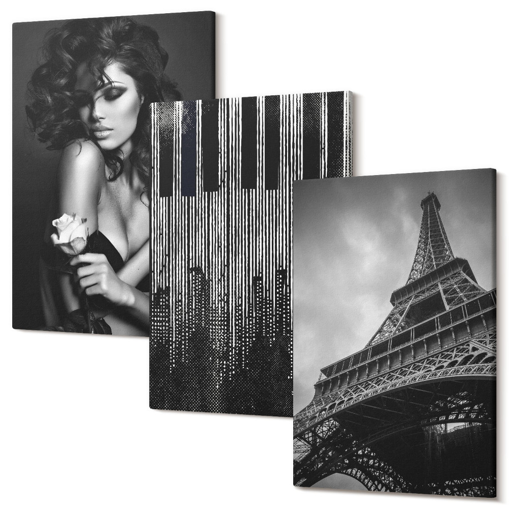 Tablou 3 piese Portretul unei femei cu un trandafir, Turnul Eiffel și un model de pian
