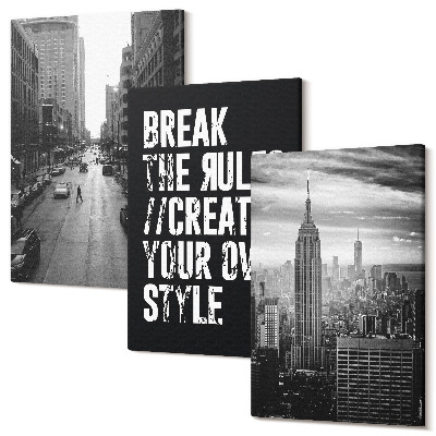 Set tablouri canvas triptic Străzile orașului în alb și negru, cu o inscripție inspirată