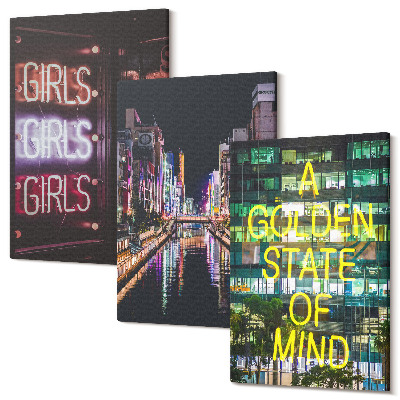 Set tablouri canvas triptic Semne cu neon ale orașului noaptea cu vedere la râu