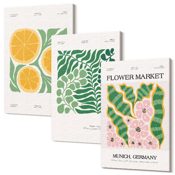 Tablou canvas set triptic Afișe cu motive de fructe și plante în culori pastelate