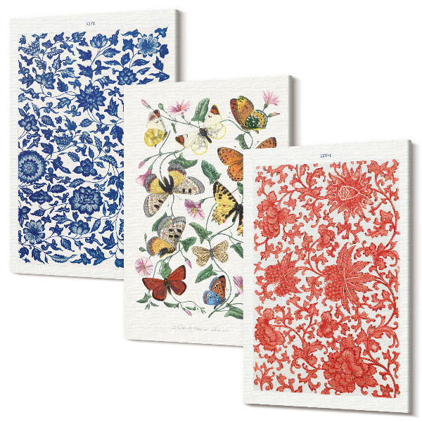Tablou canvas set triptic Afișe cu flori de epocă, fluturi și ornamente