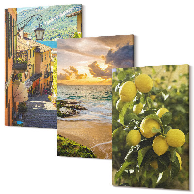 Tablou 3 piese Străzi pitorești, mare, plajă și citrice