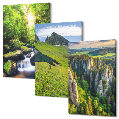 Set tablouri canvas triptic Peisaje verzi de munte cu cascadă și pădure